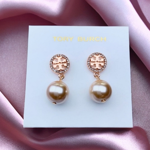Tory Burch Rose Gold Crystal Pearl Drop Earrings - Picture 2 of 5